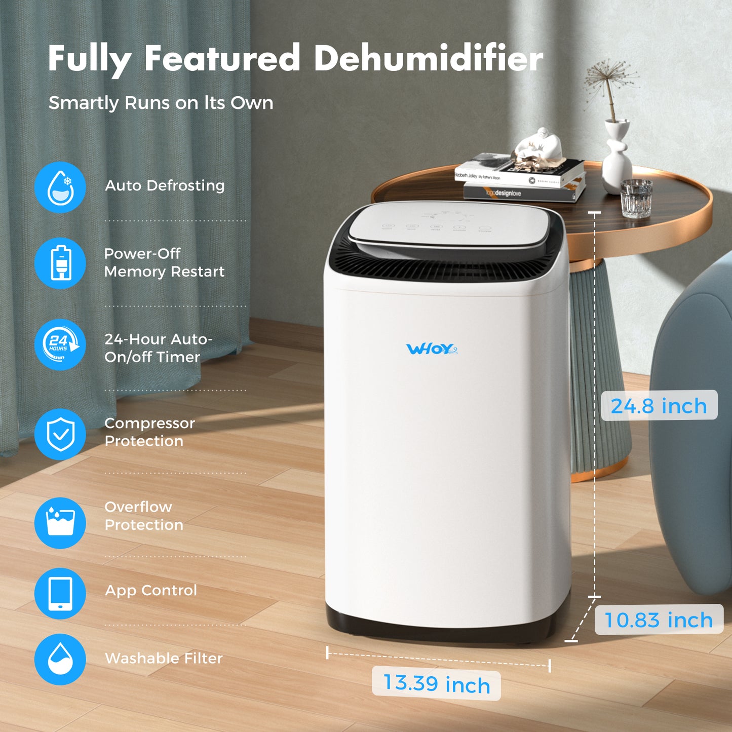 WHOY Dehumidifier for Home, 50-Pint, 4500 Sq. Ft. Basement & Large Rooms, 8L Water Tank with Drain Hose, App-Controlled Smart Humidity Control, Quiet, Auto Shutoff, Ideal for Bedrooms, and Bathrooms