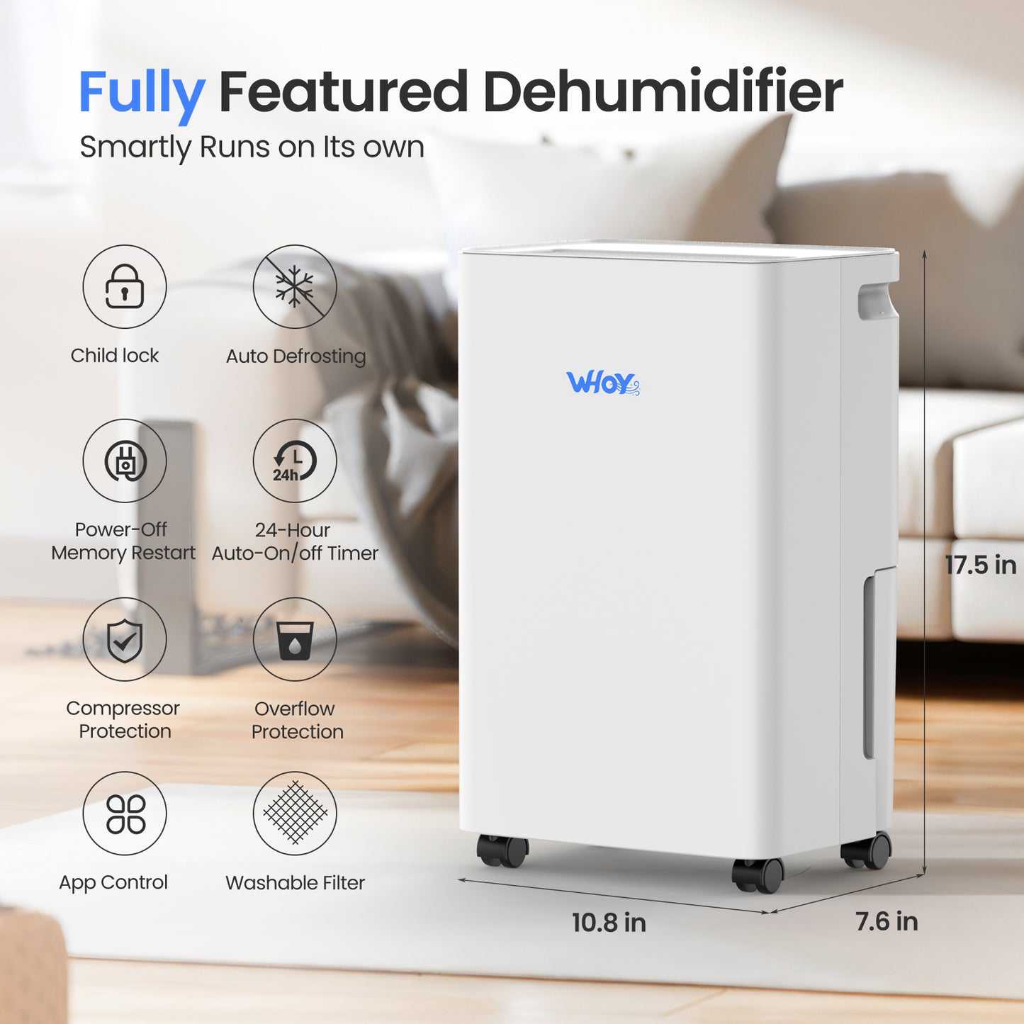 WHOY Dehumidifier for Home & Basement, 30-Pint, 2000 Sq. Ft. 1.6L Water Tank, Powerful Moisture Removal and Humidity Control, App-Controlled, Smart Humidity Control, Ideal for Bedrooms, Living Room