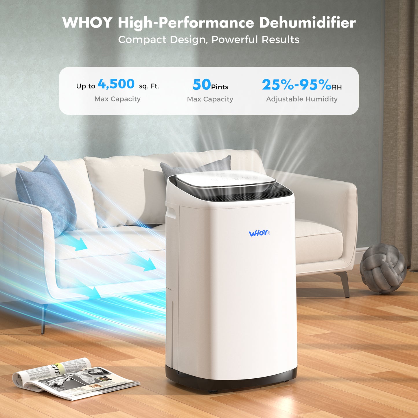 WHOY Dehumidifier for Home, 50-Pint, 4500 Sq. Ft. Basement & Large Rooms, 8L Water Tank with Drain Hose, App-Controlled Smart Humidity Control, Quiet, Auto Shutoff, Ideal for Bedrooms, and Bathrooms