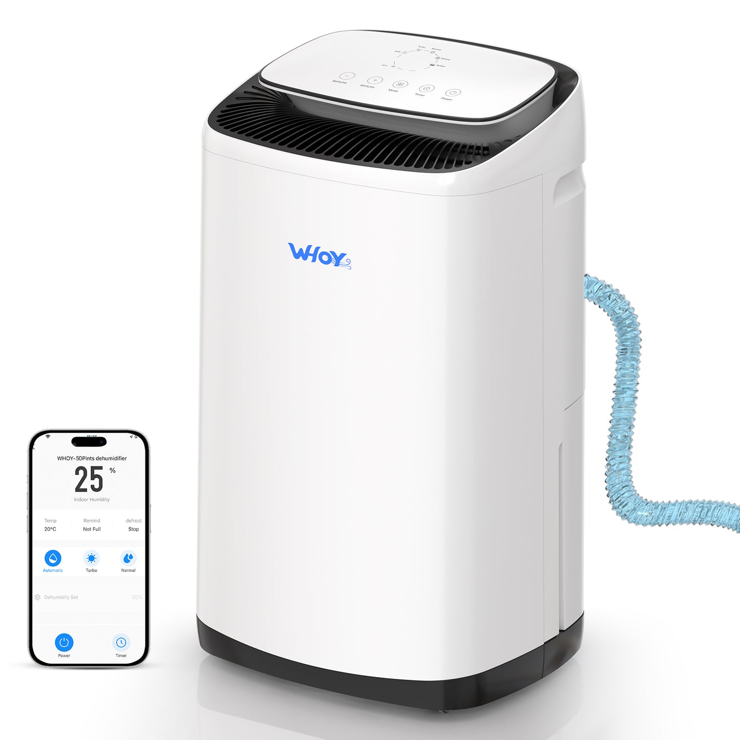 WHOY Dehumidifier for Home, 50-Pint, 4500 Sq. Ft. Basement & Large Rooms, 8L Water Tank with Drain Hose, App-Controlled Smart Humidity Control, Quiet, Auto Shutoff, Ideal for Bedrooms, and Bathrooms